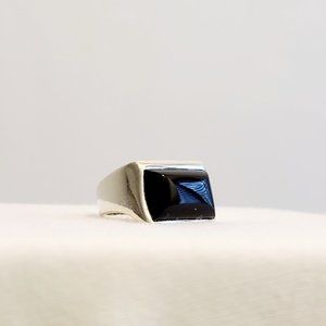 Sterling Silver Signet and Black Onyx Sleek Rectangle Ring